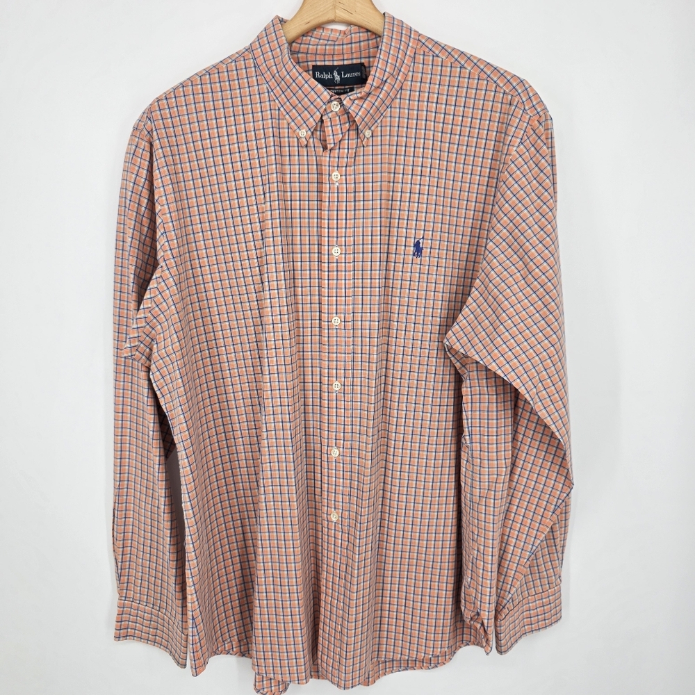 Ralph Lauren Custom Fit Plaid Button-Down Shirt XXL Orange.